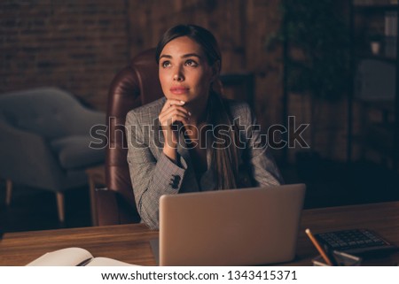 Close up photo beautiful she her business lady look up dreamer business chat email letters carefree ignoring notebook notification table sit big office chair wear formal-wear checkered plaid suit