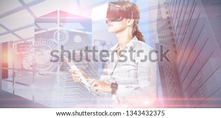 Side view of beautiful Caucasian businesswoman executive using virtual reality headset against composite image of interface on abstract screen 