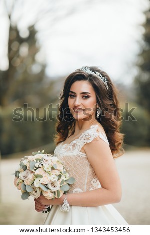 Beautiful bride with fashion wedding hairstyle. Closeup portrait of young gorgeous bride.Beautiful bride portrait with veil over her face. Look at the camera.