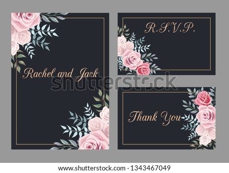 Wedding invitation templates set with rose flowers and leaves, thank you card, save the date cards, baby shower, menu, flyer, banner template. Gentle black background for invitations or greeting cards.