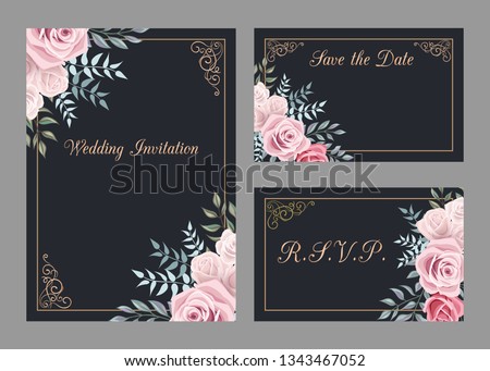 Wedding invitation templates set with rose flowers and leaves, thank you card, save the date cards, baby shower, menu, flyer, banner template.Gentle black background for invitations or greeting cards.