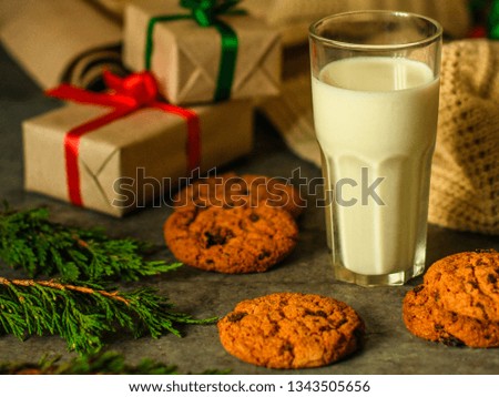 milk and fresh cookies, sweet snack dessert. top view. food background