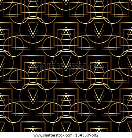 Golden geometric seamless pattern on black background.
