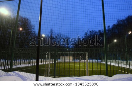 A football playground in a public park covered by green artificial grass and surrounded by real snow. Color night photo.