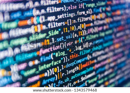 Soft listing view.  Program code with display. Data optimization. Program code and visual UI/UX. Application binary code. Abstract software process. Software and PHP and field. 