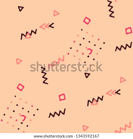 Retro Memphis Pattern. Seamless Background for Wallpaper, Calico, Textile in Trendy Style. Bright Geometric Pattern with Hand Drawn Scribble Elements. Colorful Triangles, Rings, Zigzags and Dots.