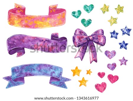 Decorative clip art set with ribbon, bands, stars and hearts, hand drawn watercolor illustration isolated on white