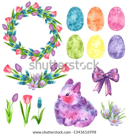 Easter clip art set with purple and pink tulip, muscari, crocus, eggs, wreath and ribbon and easter bunny, hand drawn watercolor illustration isolated on white