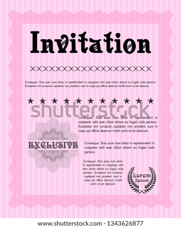 Pink Formal invitation template. Money style design. Easy to print. Detailed. 