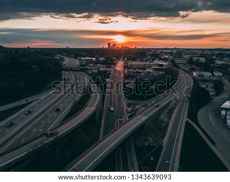 Rochester New York Aerial View Sunset, Route 490 Sunset over Rochester