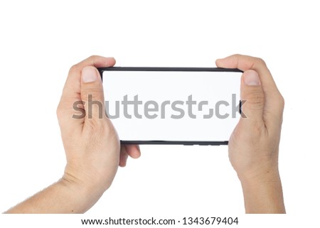 Male hand using touch screen smart phone device mock up with blank screen isolated on whtie background Royalty-Free Stock Photo #1343679404