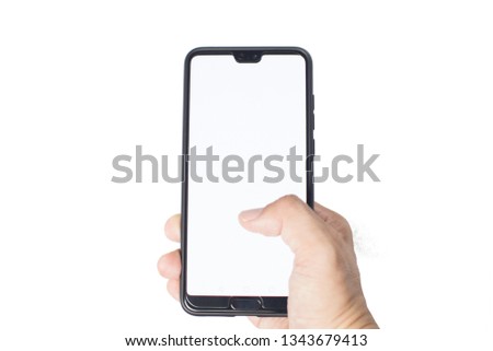 Male hand using touch screen smart phone device mock up with blank screen isolated on whtie background Royalty-Free Stock Photo #1343679413