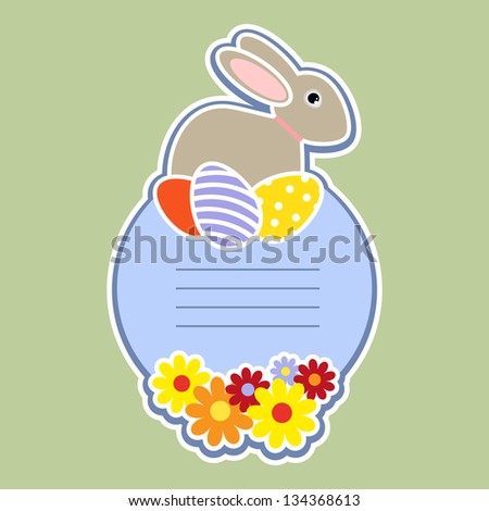 Happy Easter. Blue gift card by Easter with rabbit, eggs and flowers. Grouped for easy editing. Perfect for invitations or announcements.