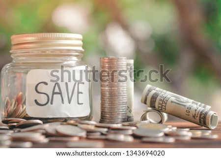 money stack step up growing growth saving money with icons about business strategy on image, ideas about saving money for future use - business success concept.