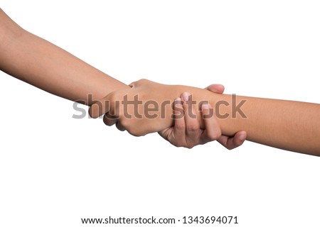 Womans hands clasped arm wrestling, isolated on white
