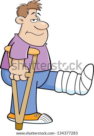 Cartoon illustration of a man on crutches with his leg in a cast.