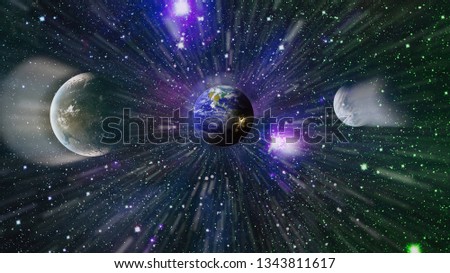 Panoramic view of the Earth, sun, star and galaxy. Sunrise over planet Earth, view from space