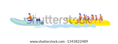 Holidaymaker on banana boat vector illustration. Sea resort entertainment clipart. Group of cartoon characters in safety jackets isolated design element. Active holiday idea for children and adults