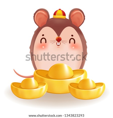 Little rat with holding chinese gold , Ingot. zodiac mice of Animal lucks year 2020 of the rat. Chinese New Year.  Cartoon vector illustration isolated on a white background.