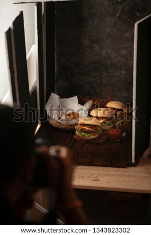 Photo studio with professional lighting equipment during shooting food