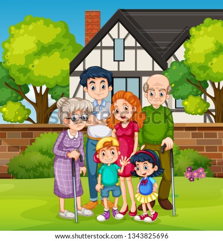 Family in front of the house yard illustration