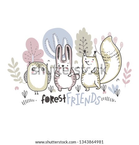 Vector ilustration of cute hand drawn animals with flowers. plants, mushrooms and text forest friends for cards, textile, paper, invitations, baby shower, preschool and children room decoration