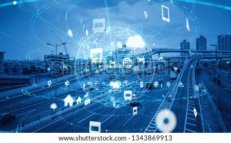 Technology of transportation concept. Traffic control systems. Internet of Things. Mobility as a service. Royalty-Free Stock Photo #1343869913