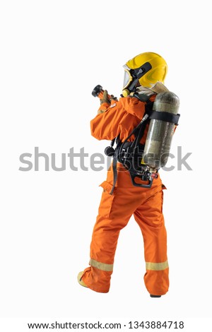 Firefighter Put on a fire suit Orange Ready Hold the fire line White backdrop Fire Equipment emergency prevent safety