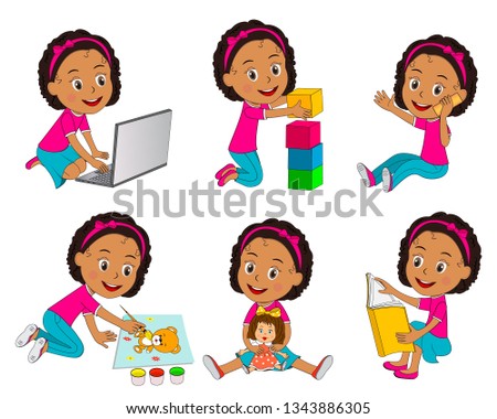 kids, girl  different activities collection,illustration,vector Royalty-Free Stock Photo #1343886305