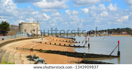 Estuary of the river Deben at Felixstowe Ferry  with Martello Tower. Royalty-Free Stock Photo #1343909837