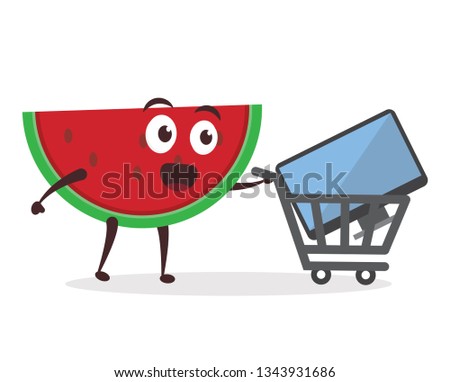 Kawaii vector illustration character cartoon cute watermelon mascot holding holding mobile smartphone, monitor, laptop or notebook, tablet phone with trolley market shopping cart modern flat design