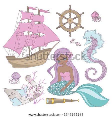 TRAVEL MERMAID Girl Princess Cartoon Sea Ocean Summer Tropical Cruise Vacation Vector Illustration Set Print Fabric Decoration