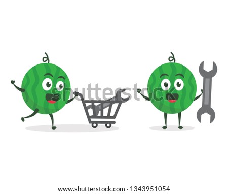 Kawaii vector illustration character cartoon cute watermelon mascot holding wrench for service repair with trolley market shopping cart in white background modern flat design brand