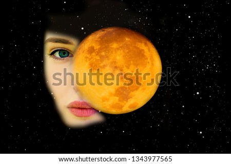 Woman's face, space and full moon