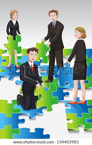A vector illustration of the concept of a team of business people solving puzzle
