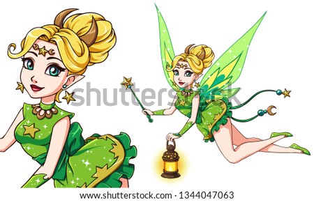 Pretty cartoon fairy holding lantern and magic wand. Blonde hair, green dress. Moon, stars. Hand drawn vector illustration for kid mobile games, books, t-shirt design template etc.  