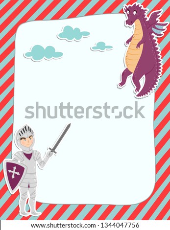 Colorful note page with a  knight and dragon. Organizer with a place for Notes. Vector illustration.