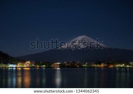 Kawaguchi lake at night with Fuji san in the background , there were some building with ligth reflection in the lake
the photo was taken with slow shutter speed so the water in foreground look blurry