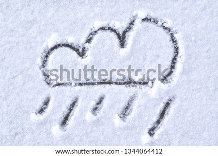 symbol of the weather - cloudy, rain painted on snow on ice