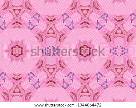 A hand drawing pattern made of bourgogne white and blue on a pink background.
