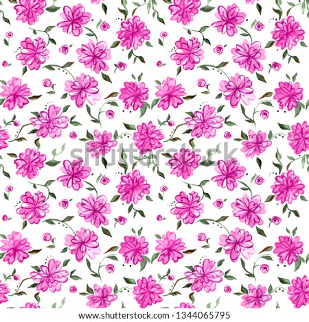 Seamless hand painted pattern with flowers and leaves. Floral or