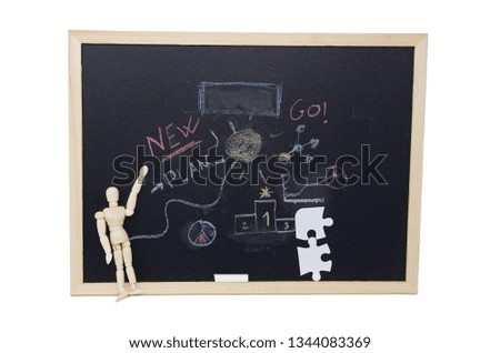 
Wooden doll pointing to a blackboard, New ideas. Entrepreneurial concept, new ideas, innovation. Blackboard written with chalk