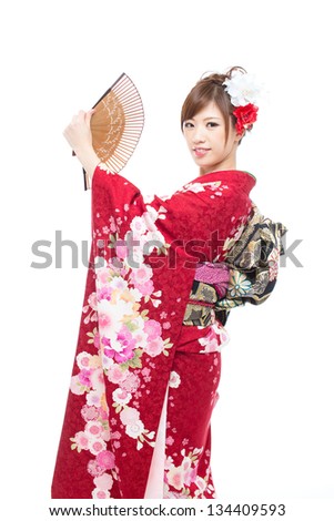 Beautiful kimono woman isolated on white background