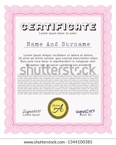 Pink Certificate or diploma template. Retro design. Complex background. Customizable, Easy to edit and change colors. 