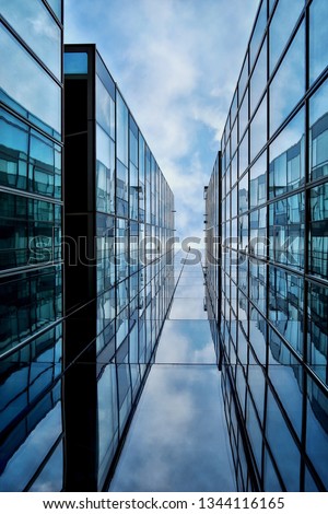 Building facade with blue sky . Amazing perspective.