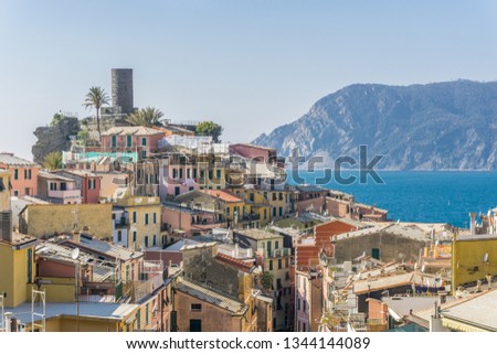View from the top of the village of Vernazza, Cinque Terre National Park, Liguria, La Spezia, Italy