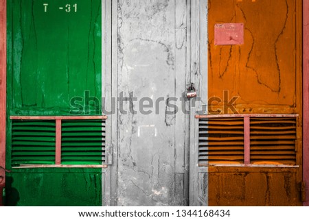 Close-up of old warehouse gate with national flag of  Ireland. Concept of  Ireland export-import, storage of goods and national delivery of goods. Flag in grunge style