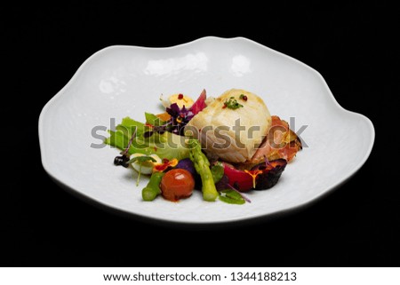 Cod Tibornia with "Serrano" Ham and Spring Vegetables. 