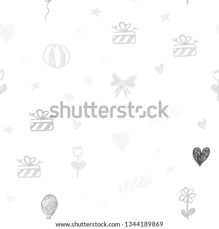 Light Gray vector seamless texture in birthday style. Colorful illustration with aheart, baloon, candy, gift, star, ribbon. Design for colorful commercials.
