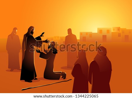 Biblical vector illustration series. Jesus heals the blind man Royalty-Free Stock Photo #1344225065